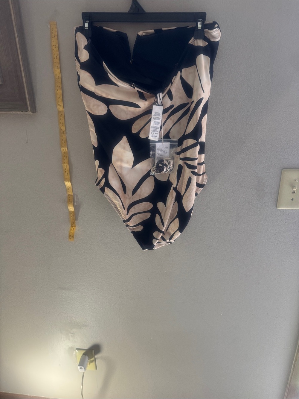 Black and Cream Leaf-Print One-Piece Swimsuit - Picture 2 of 7